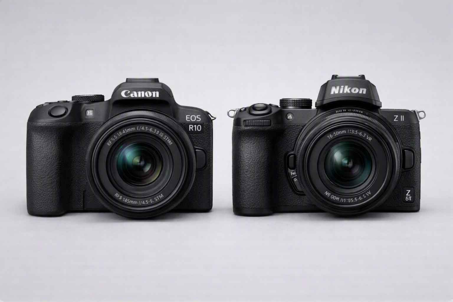 Canon EOS R10 and Nikon Z50 II cameras side by side