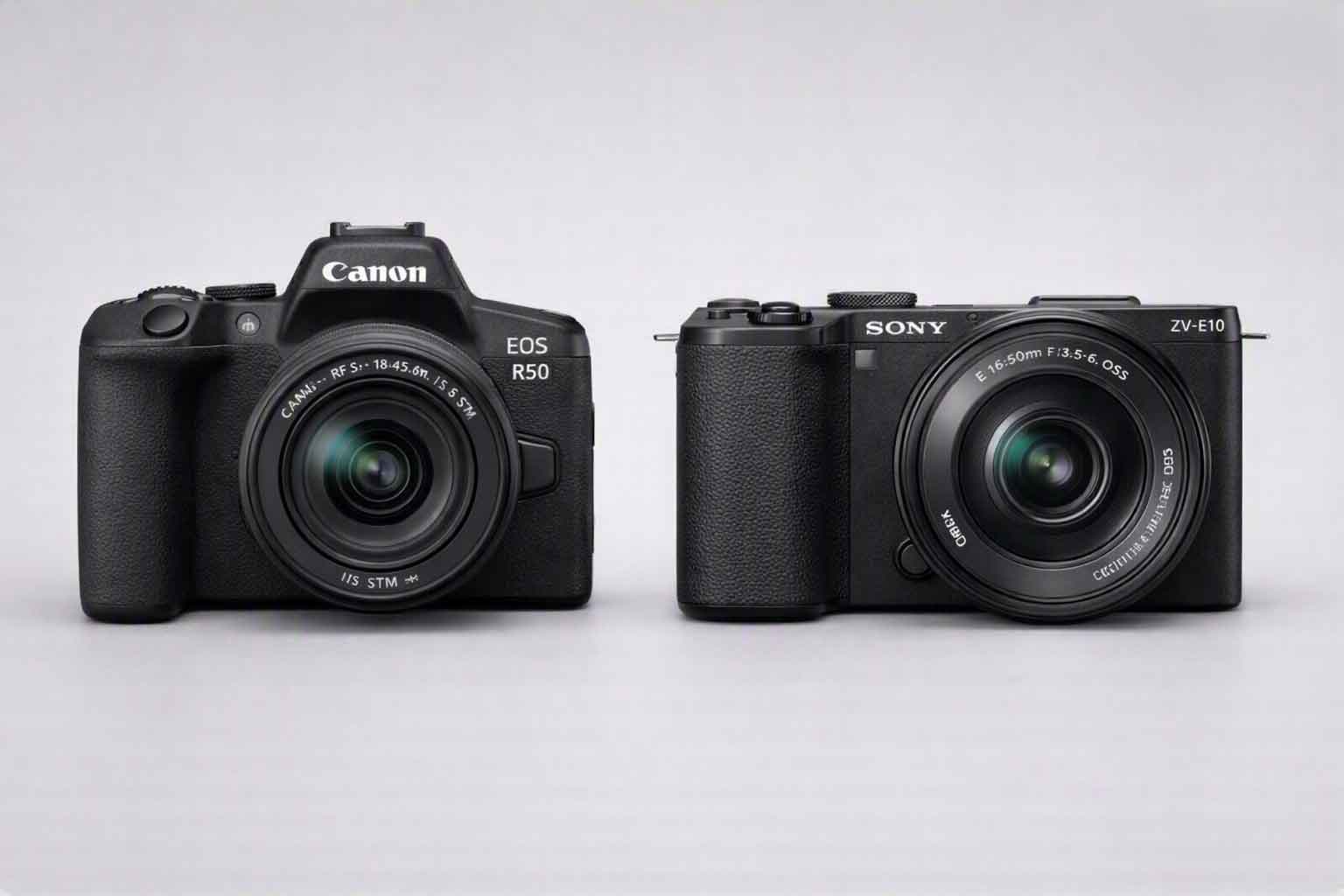 Canon EOS R50 and Sony ZV-E10 cameras side by side