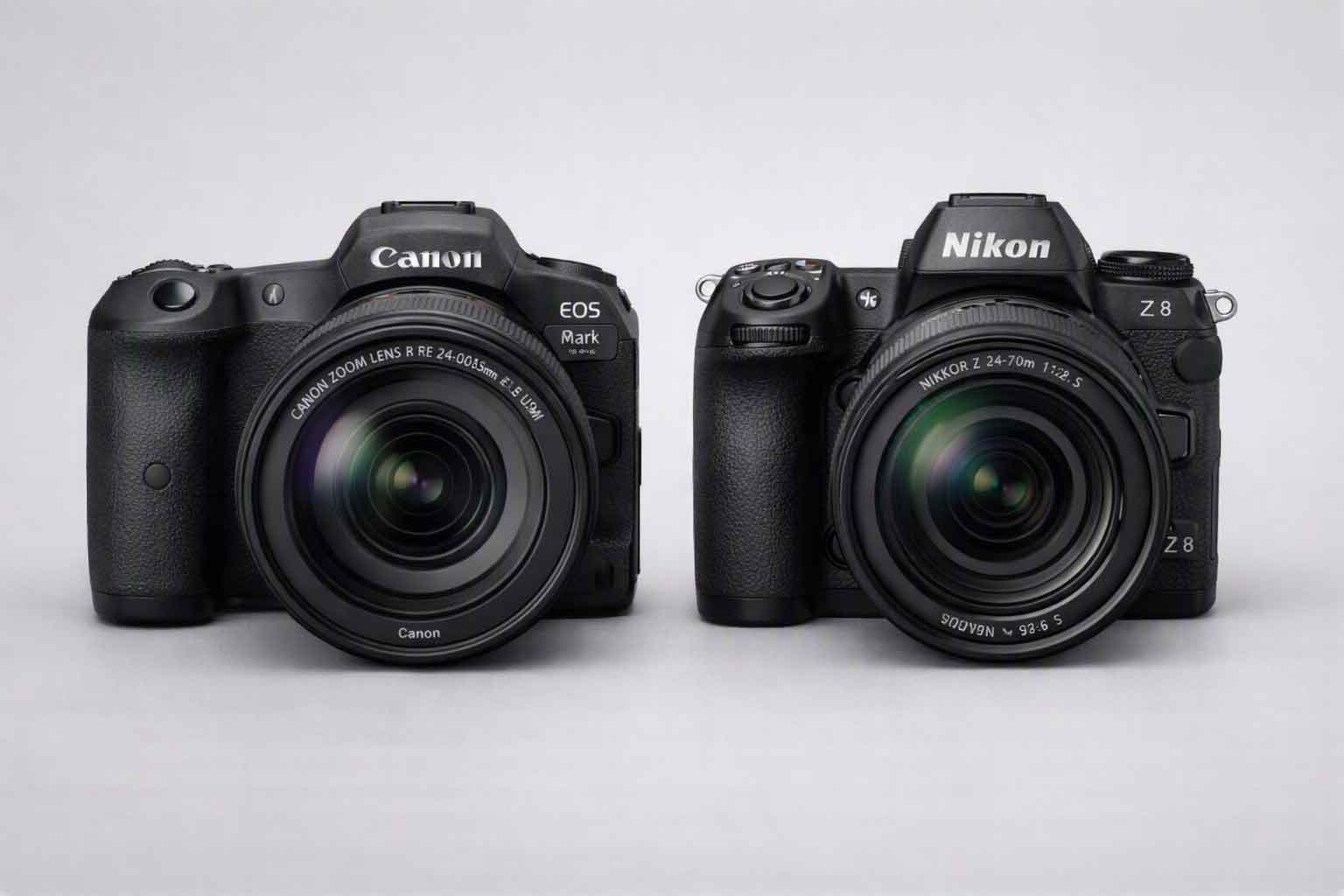 Canon EOS R5 Mark II and Nikon Z8 cameras side by side