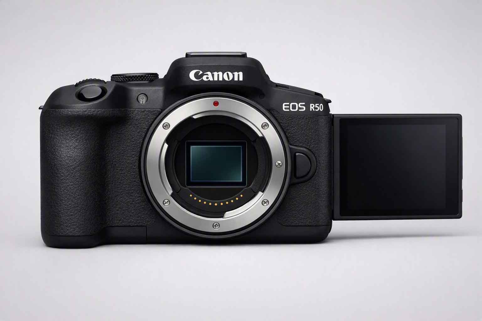 Canon EOS R50 APS-C mirrorless camera front view.