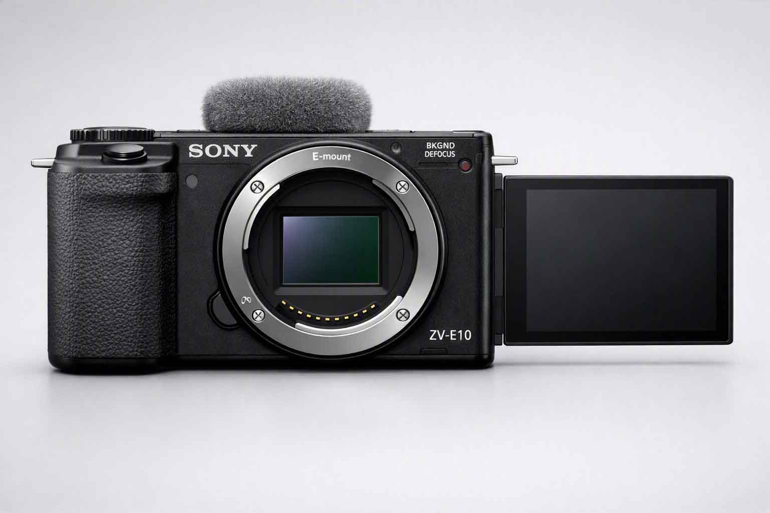 Sony ZV-E10 APS-C vlog mirrorless camera front view.